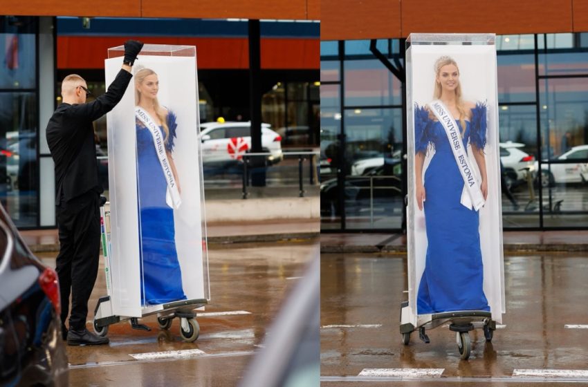  Miss Universo Estonia sorprende al llegar en una caja de cristal como una Barbie humana